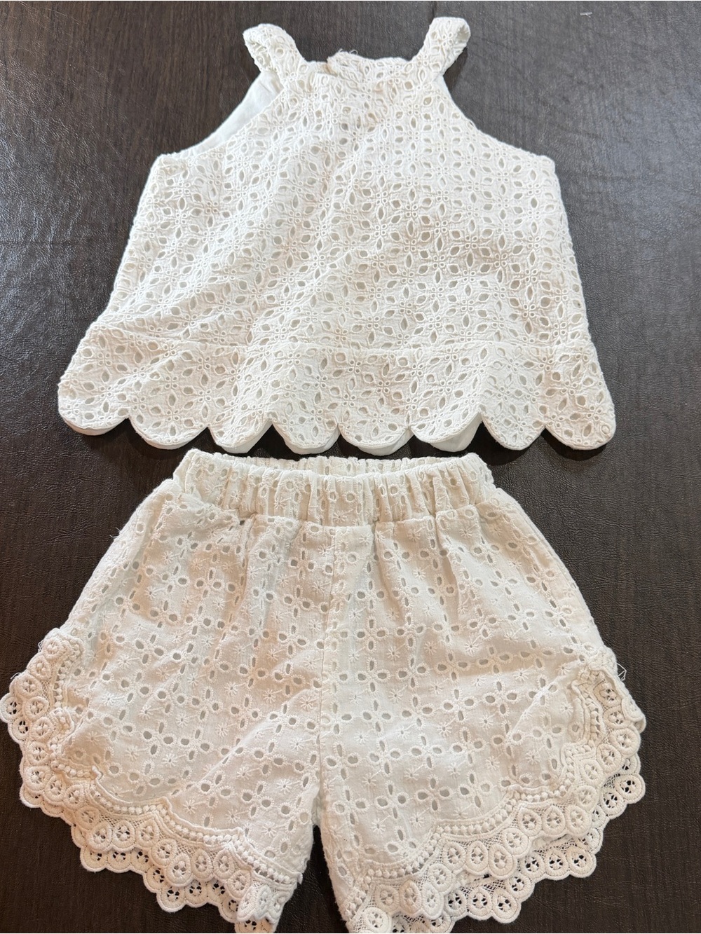 Mabel and Honey 2-Piece Cream Eyelet Scalloped Lace Tank & Shorts Set Sz 5